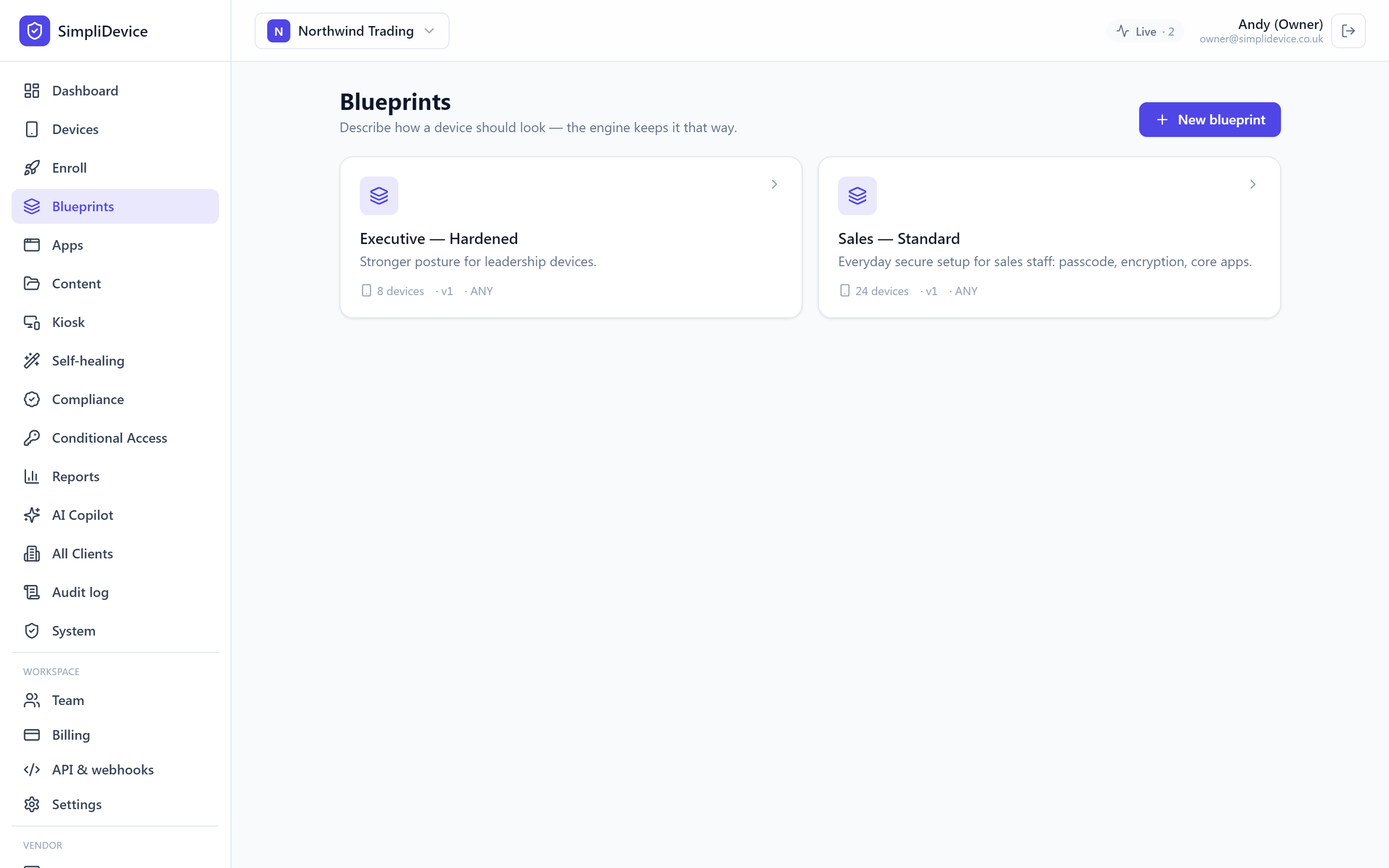 The blueprints page: named policies such as 'Sales — Standard' and 'Executive — Hardened', each showing the platforms it covers and how many devices use it.