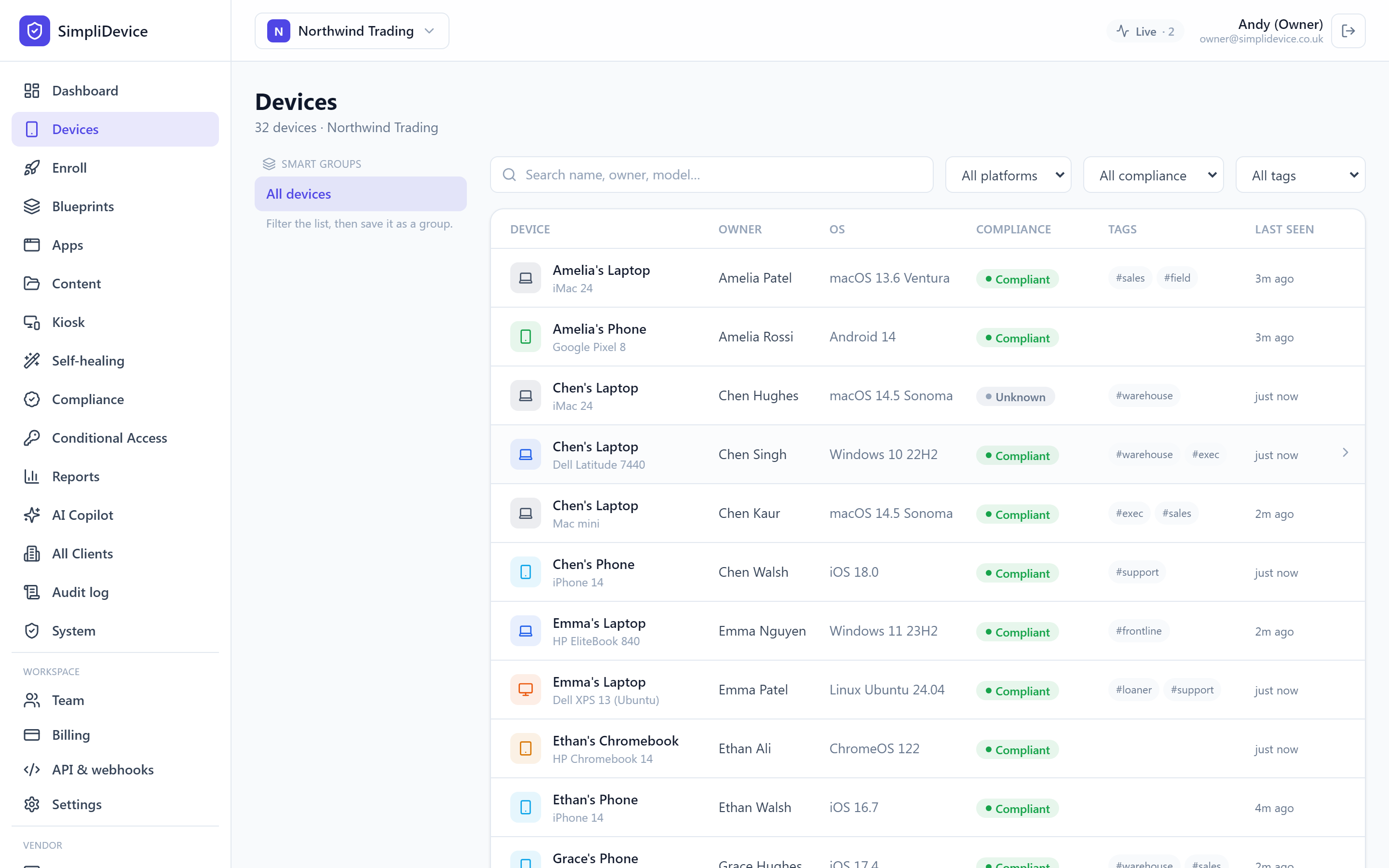 The devices page: a searchable, filterable list of every managed device with platform, owner, compliance status and last check-in.