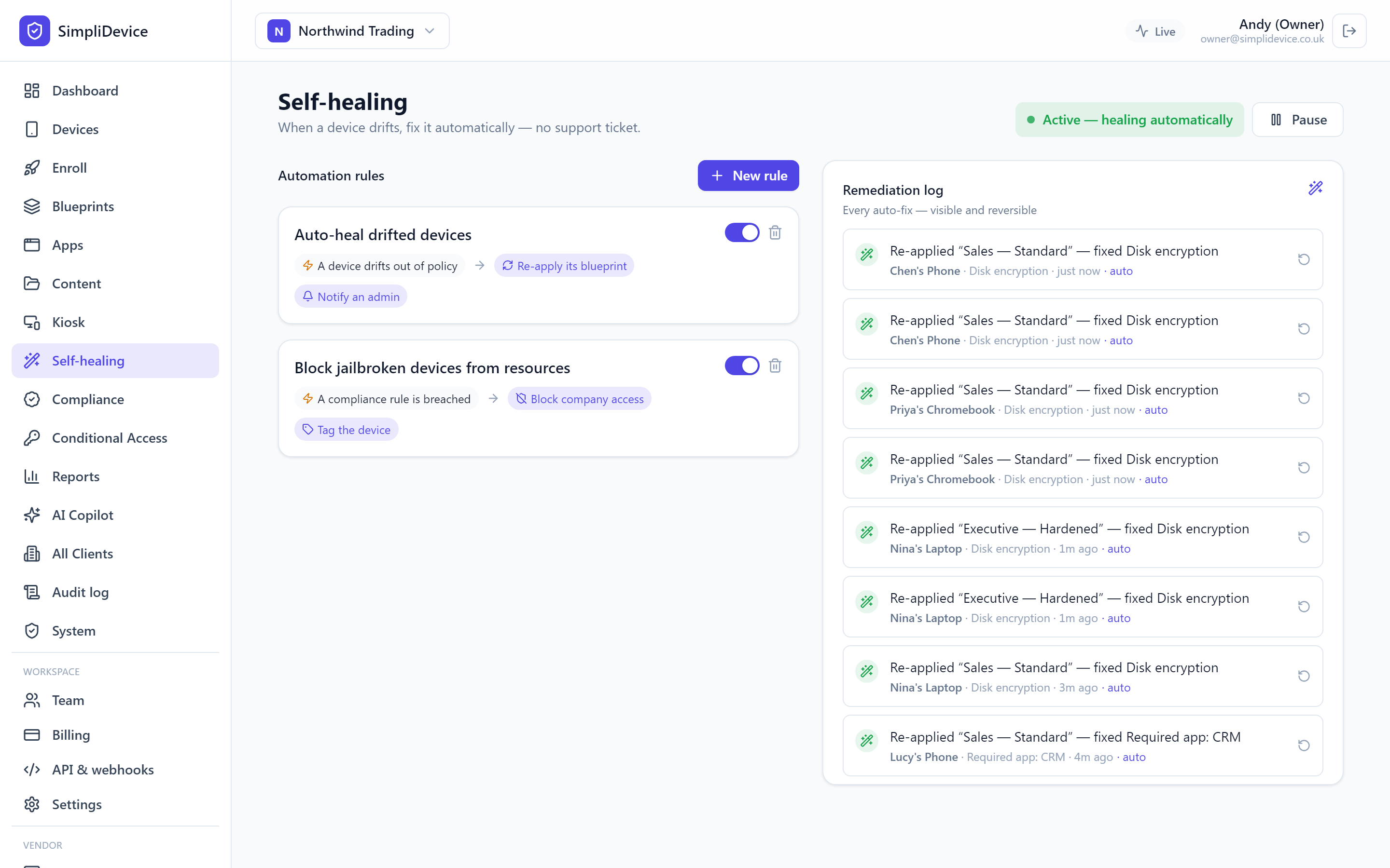 The self-healing page: two automation rules and a remediation log listing each automatic fix, with an undo button on every entry.